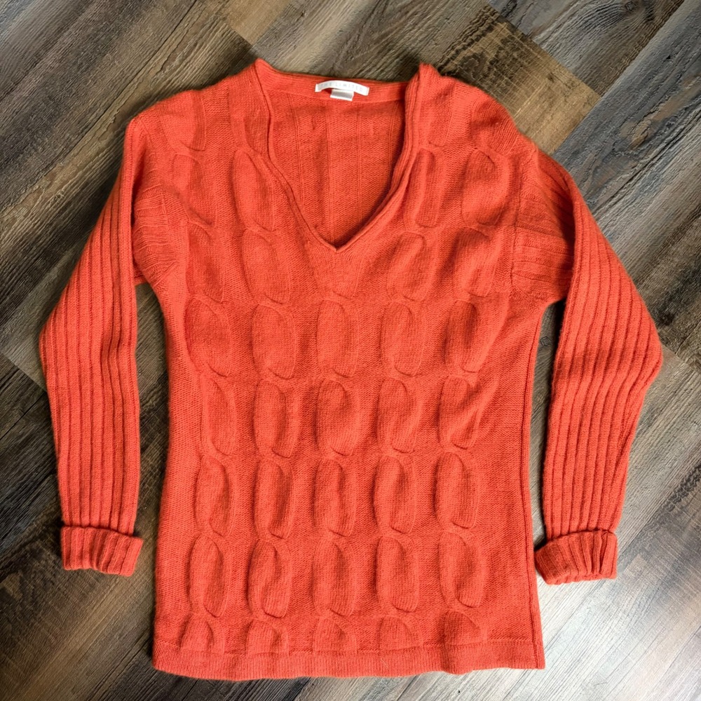 The Limited‎ Orange Lambswool Blend V-Neck Cable Knit Ribbed Sweater Sm Vintage